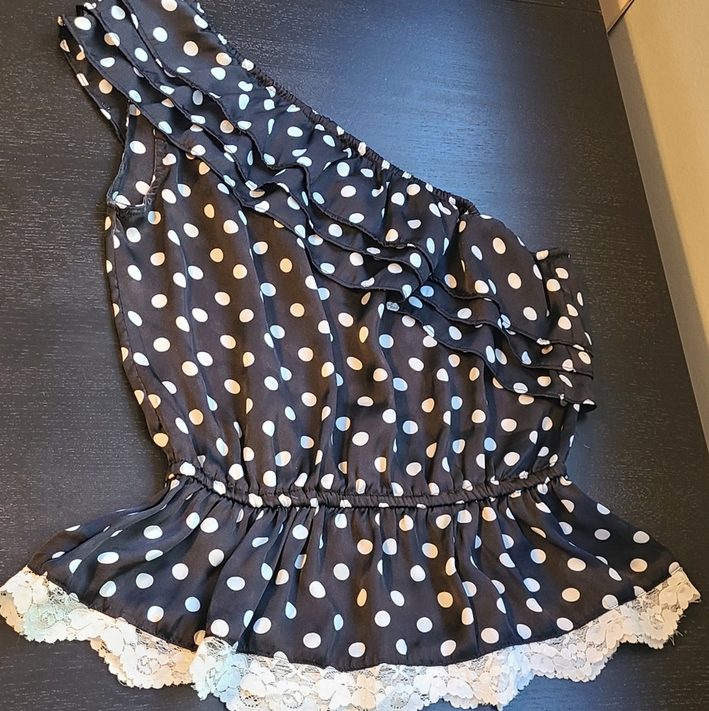 One Shoulder Ruffle Polka Dot Satin Peplum Blouse